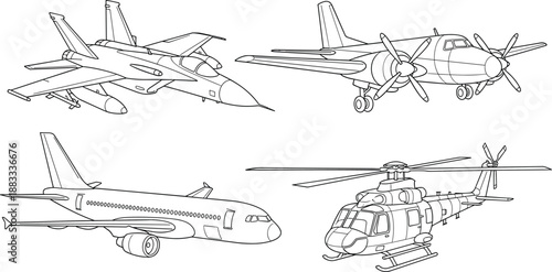 Aircraft line art set featuring fighter jet, passenger airplane, propeller aircraft and helicopter drawings for aviation design, aerospace illustration, engineering reference and aircraft artwork