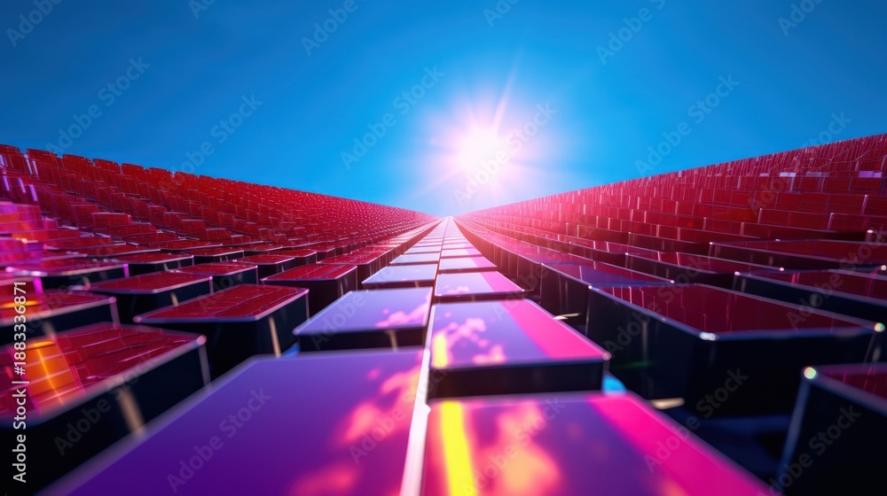 Fototapeta premium Abstract Digital Landscape with Glowing Rectangles and Bright Sun.