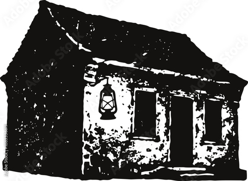 Old rustic house silhouette with lantern hanging outside dark cottage exterior