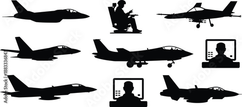 Fighter jet and drone operator silhouettes, military aircraft side views with pilots at control stations, aviation icons for aerospace, defense, flight training and tactical technology design