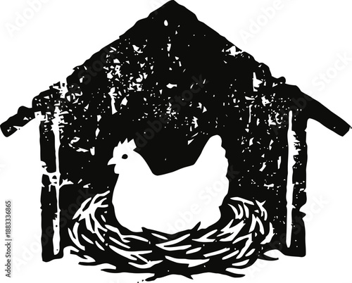 Chicken sitting in a nest inside a rustic wooden henhouse silhouette design