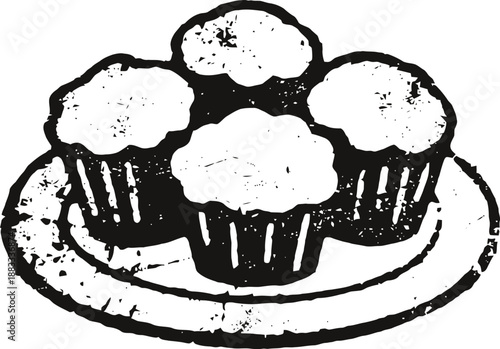 Four muffins on a round plate in black and white vintage illustration