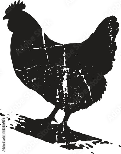 grunge black silhouette of a chicken standing on the ground with textured distressed effect