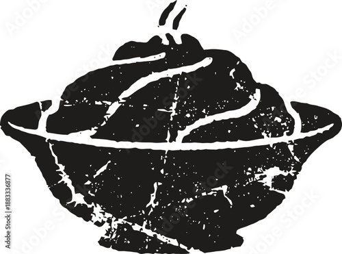 Hot mashed potatoes in bowl with steam rising, rustic textured cooking illustration