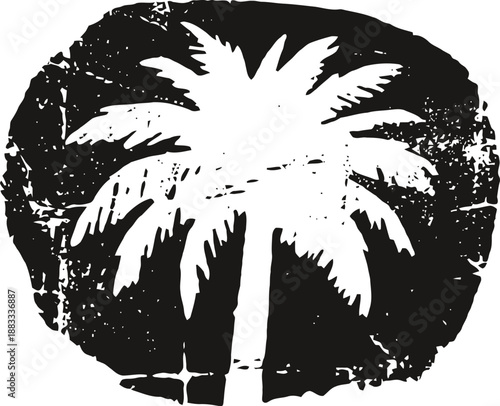 Grunge palm tree silhouette with textured distressed effect in black and white
