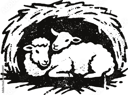 Two sheep resting together in a rustic nest illustration with detailed fur texture