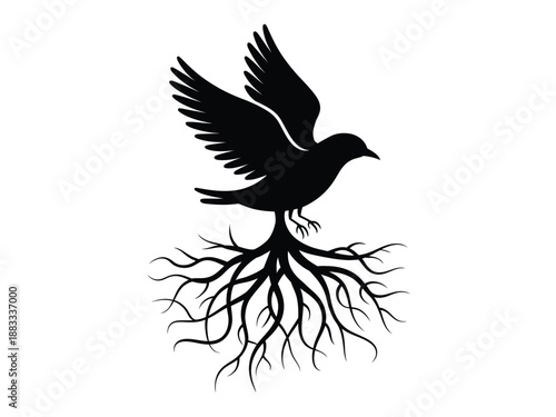 Bird with spread wings on roots isolated on white background, Vector, illustration