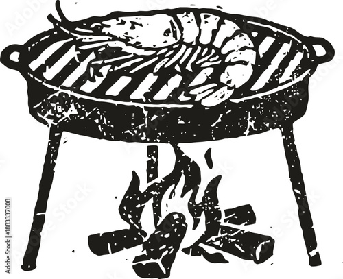 Shrimp grilling on barbecue grill over open flame campfire cooking seafood outdoor