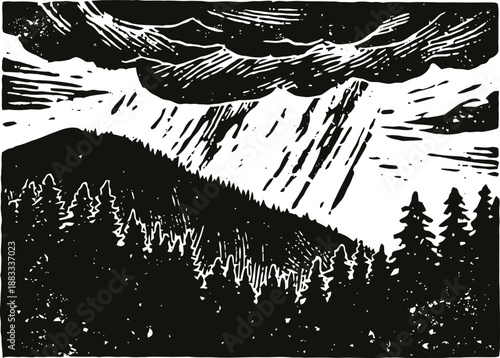 Mountain forest landscape with rainstorm and dark thunderclouds above pine trees