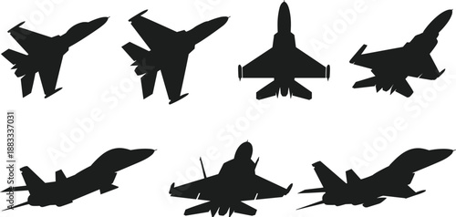 Fighter jet silhouette set featuring multiple views, modern military aircraft angles, combat plane shapes for aviation, aerospace, defense, engineering, tactical design and fighter jet graphics