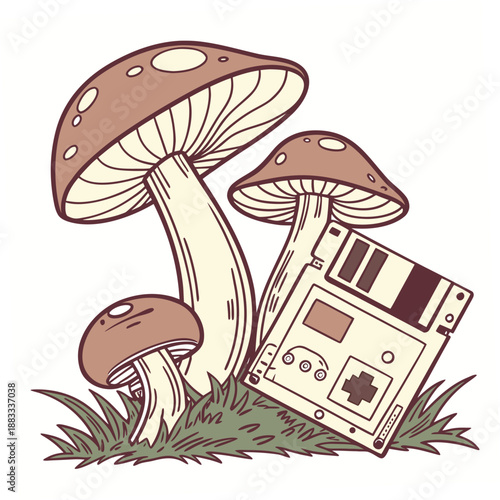 Brown mushrooms and old cassette tape on grass vintage