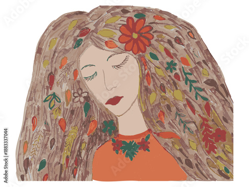 A young girl who embodies the image of autumn. Her hair turns into a stream of colorful autumn leaves in warm tones. The girl looks calmly, her features combine human beauty, the magic of nature
