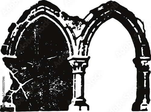 Black and white silhouette of gothic stone archways with textured distressed details