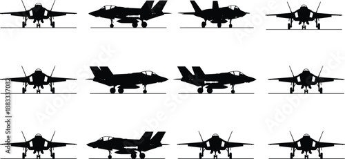 Fighter jet silhouette set showing multiple angles, front and side military aircraft views, modern stealth jet graphics for aviation, aerospace, combat and tactical design projects