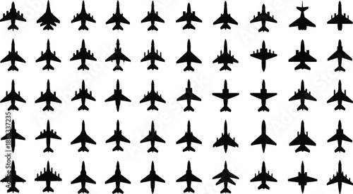 Large collection of fighter jet silhouettes, various military aircraft top view icons, modern combat planes, aviation shapes for aerospace, defense, engineering and tactical design projects