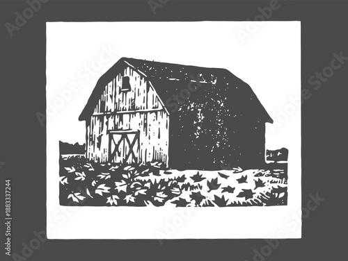 Rustic wooden barn engraved illustration with surrounding plants and farmland landscape