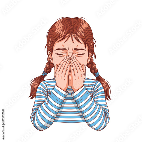Young girl covering her face with both hands, expressing sadness and distress.