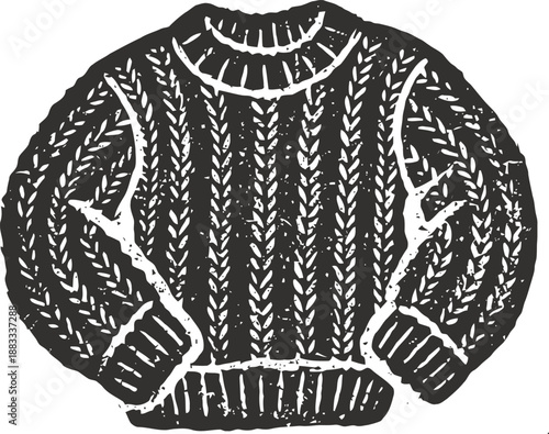 Wool knitted sweater with cable stitch pattern and ribbed cuffs and collar