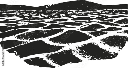 Salt evaporation ponds with textured surface and distant hills black and white natural landscape illustration
