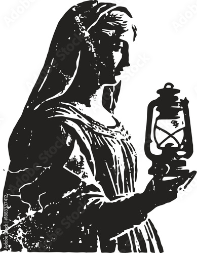 Woman holding vintage lantern silhouette with textured distressed effect