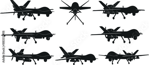 Military drone silhouettes showing unmanned aerial vehicles in multiple angles, including front, side and diagonal views for defense, aviation, surveillance, and aerospace design projects