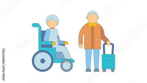 An elderly person in a wheelchair and another with a suitcase standing together