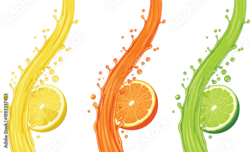 Fresh Citrus Juice Splash Vector Illustration Set Featuring Lemon, Orange, and Lime Fruit with Colorful Liquid Waves for Beverage, Healthy Drink, and Food Design Projects