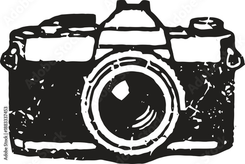 Vintage camera illustration with detailed lens and body design in black and white