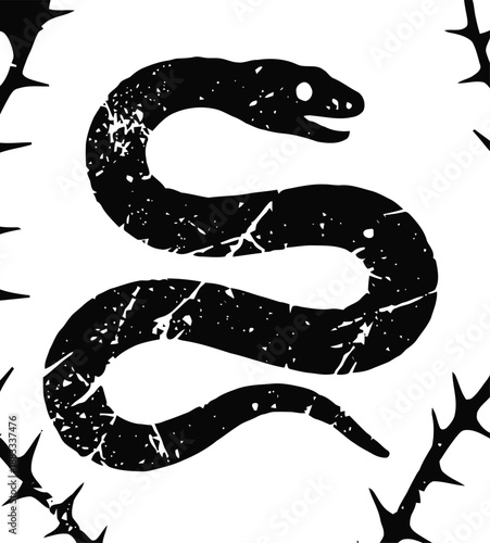 Black distressed snake silhouette coiled with thorny branches on white background