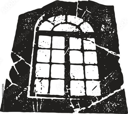 Old cracked window with arched top silhouette on grunge textured wall background