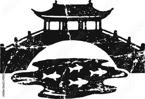 Traditional asian arched bridge over koi fish pond silhouette with textured effect