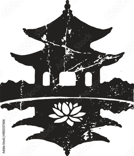 traditional asian pagoda silhouette with lotus flower and reflection in water