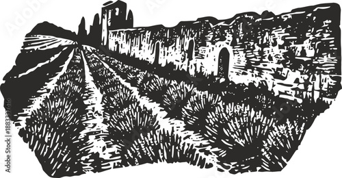 Old stone wall along rural dirt path with fields and castle ruins in rustic landscape