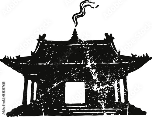 Ancient asian temple silhouette with incense smoke rising from the roof