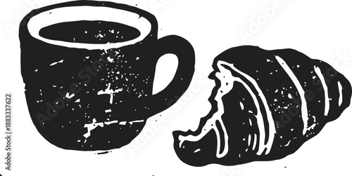black and white illustration of coffee cup and bitten croissant breakfast food and hot drink