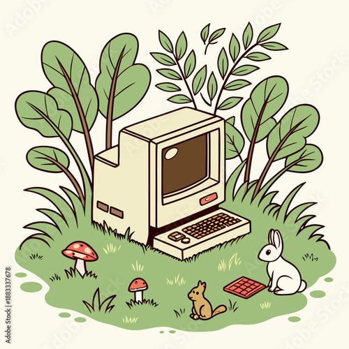 Retro computer in forest with animals rabbit squirrel