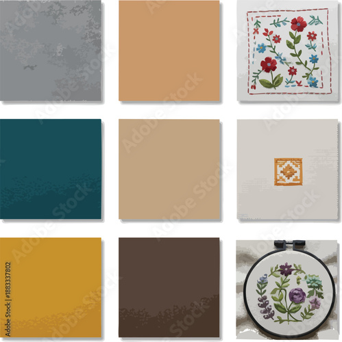 Color palette swatches with embroidery samples and texture backgrounds