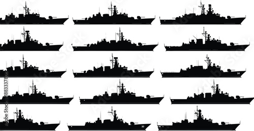 Warship silhouette set featuring navy destroyers, military ships, naval vessels, fleet silhouettes, maritime defense ships, and combat vessel profiles for naval design and illustration