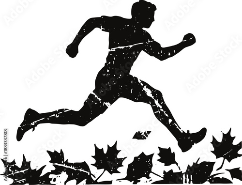 Silhouette of a person running and jumping over autumn leaves, dynamic active motion concept