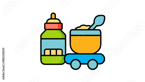 A colorful vector illustration of a baby bottle and bowl on a cart