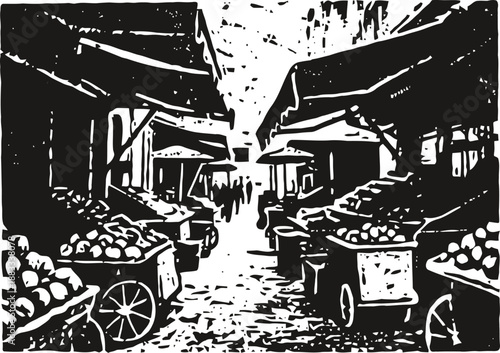 Traditional outdoor market alley with fresh produce carts and shaded stalls in silhouette