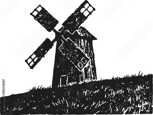 Rustic windmill silhouette on grassy hill with textured wood blades and vintage countryside charm