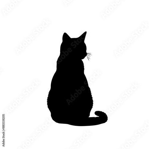 A black silhouette of a cat sitting and looking to the right.