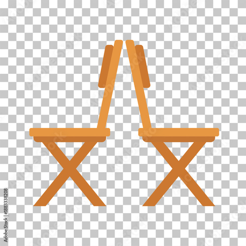 Simple wooden folding chairs with backs touching on a transparent background.