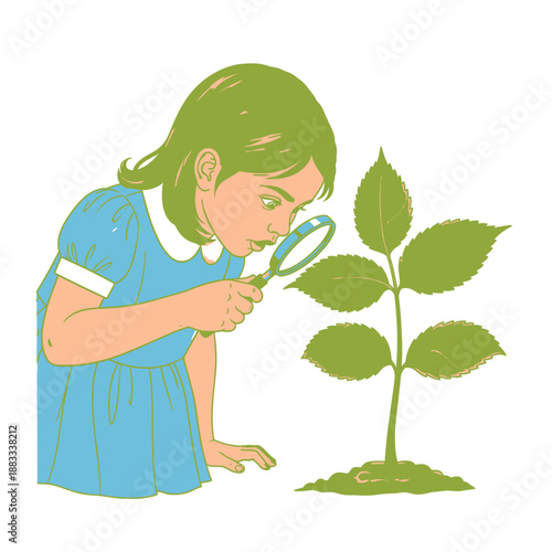 Young girl intently examines a plant with a magnifying glass, observing nature closely.