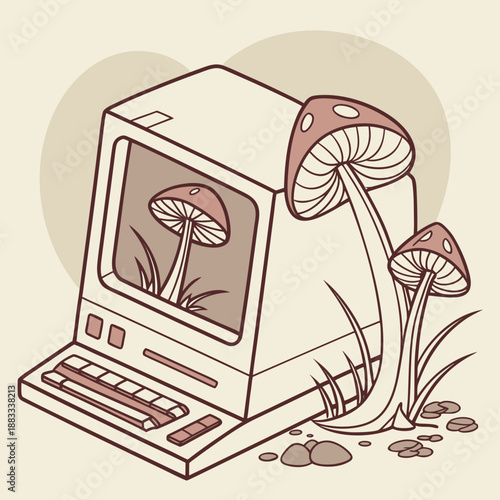 Vintage computer with mushrooms growing out of it fungi
