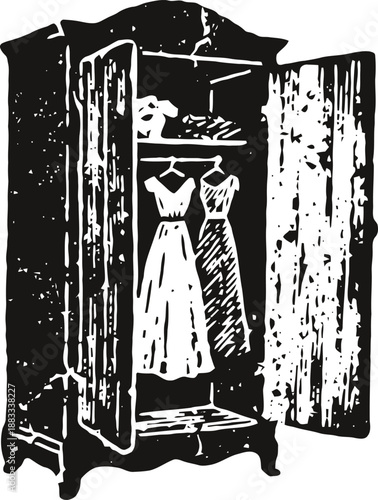 Vintage wooden wardrobe with hanging dresses and folded clothes inside