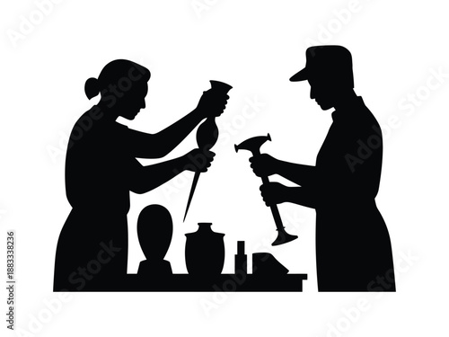 Craftspeople working on pottery isolated on white background, Vector, illustration