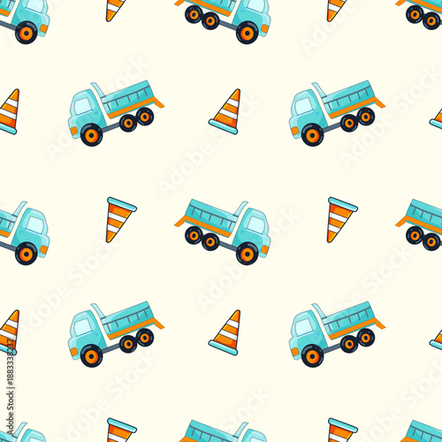 Cute seamless pattern with cartoon dump trucks and traffic cones in playful flat style. Perfect vector background for kids designs, construction themes, nursery decor, textiles,  stationery