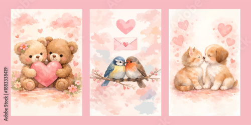 Watercolor cute animal couples with hearts romantic illustration